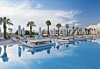 Premium resort pool with palm trees, loungers and blue-sky reflections