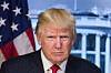 Porträtt av Donald Trump framför Vita huset och en amerikansk flagga.